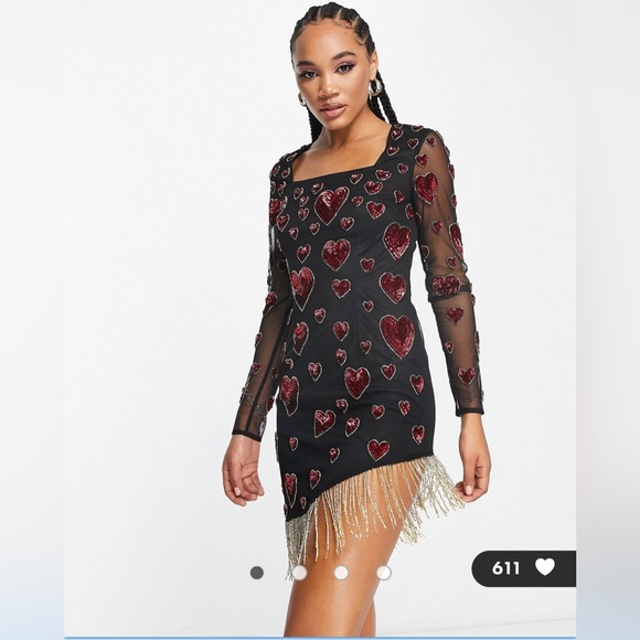 ASOS Starlet long sleeve mini dress with embellished hearts and gold fringe. - Picture 2 of 3